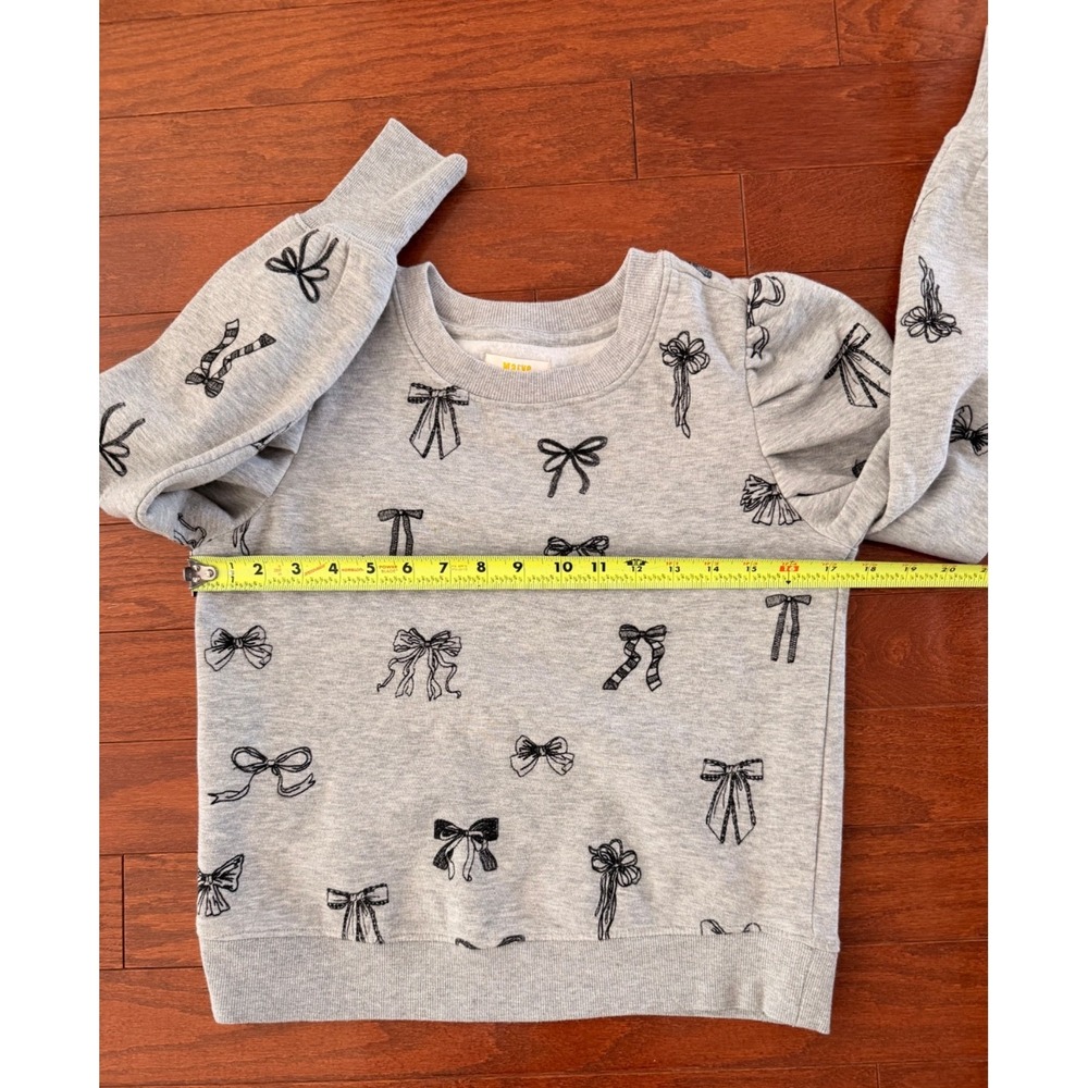Maeve by Anthropologie Bow Print Embroidered Sweatshirt Puff Sleeve Gray Sz XS - Picture 5 of 9